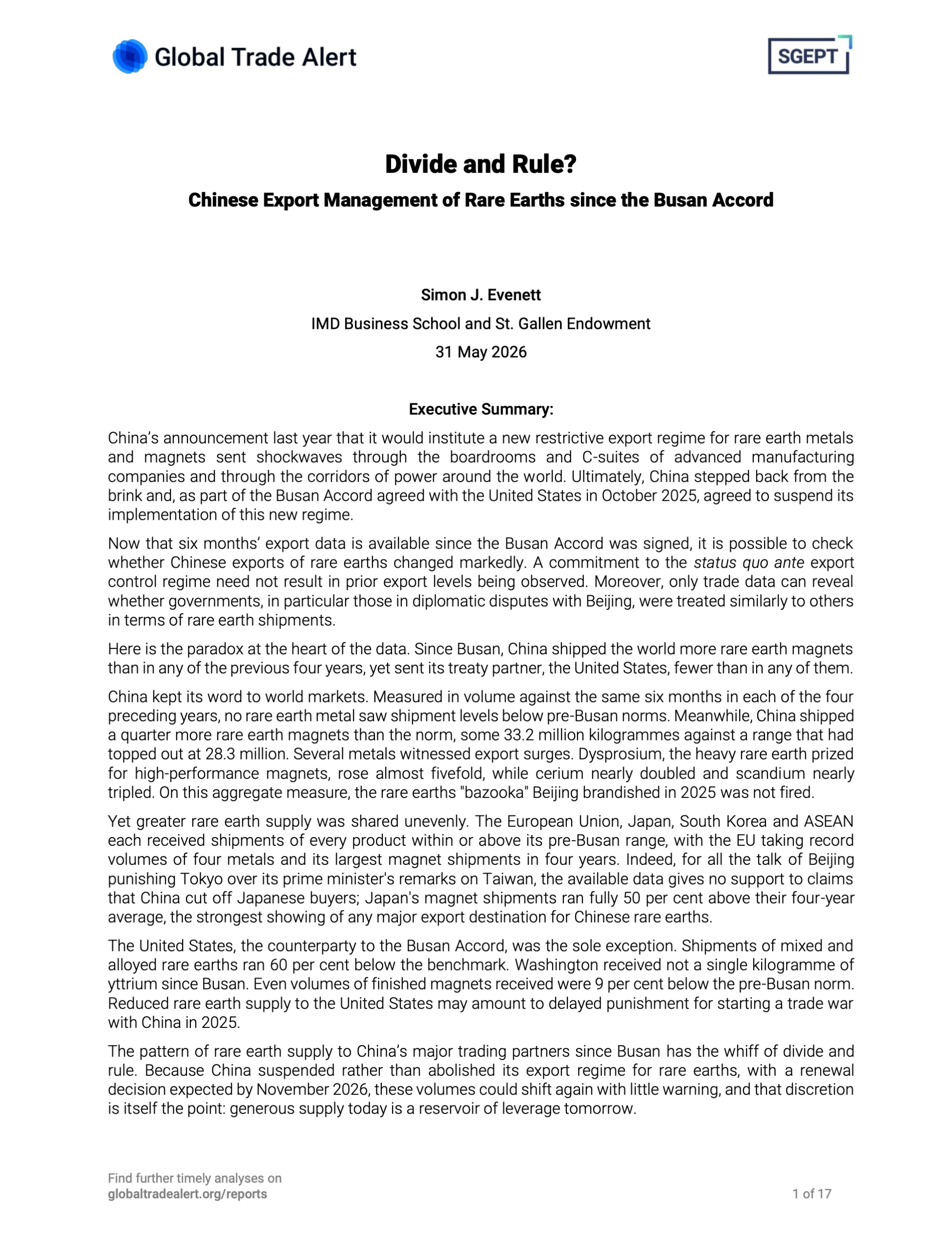 Chinese Export Management of Rare Earths since the Busan Accord